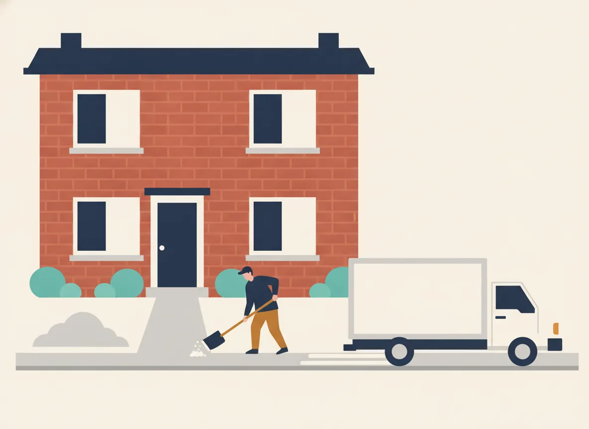 Illustration d'une personne qui pellette et sale l'allée entre la porte d'un duplex et la bordure pendant qu'un camion de déménagement arrive