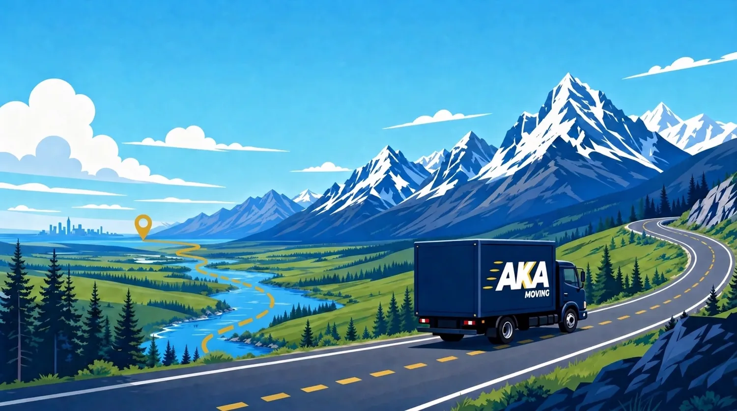 Camion d'AKA Déménagement sur une longue route de montagne avec un tracé doré vers la destination
