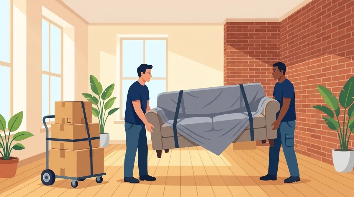 AKA Moving crew carefully carrying a blanket-wrapped sofa to load into a rental truck in Montreal